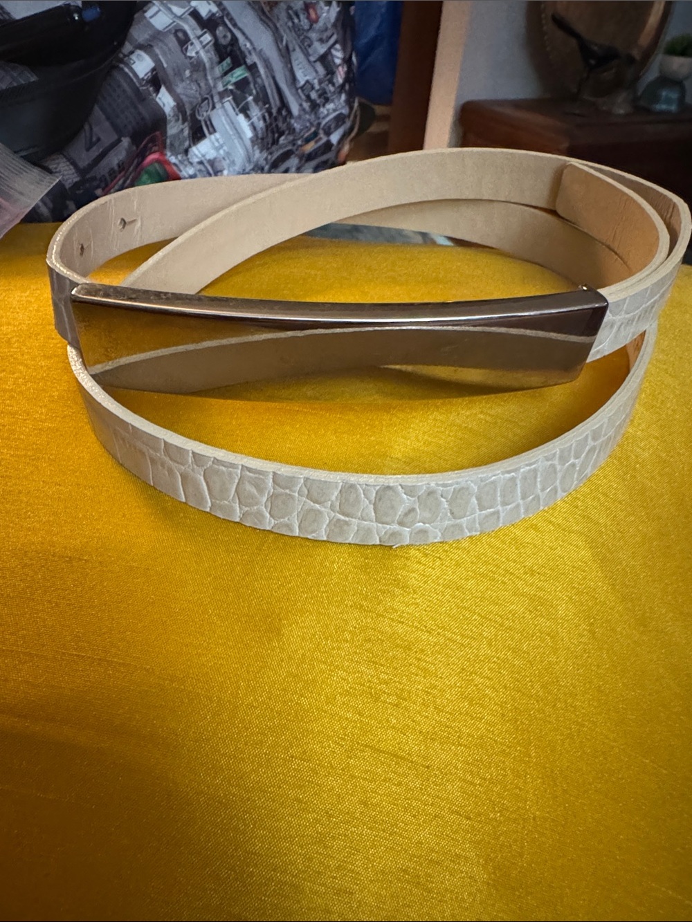 Express Cream Croc-Embossed Slim Belt with Polished Metal Buckle